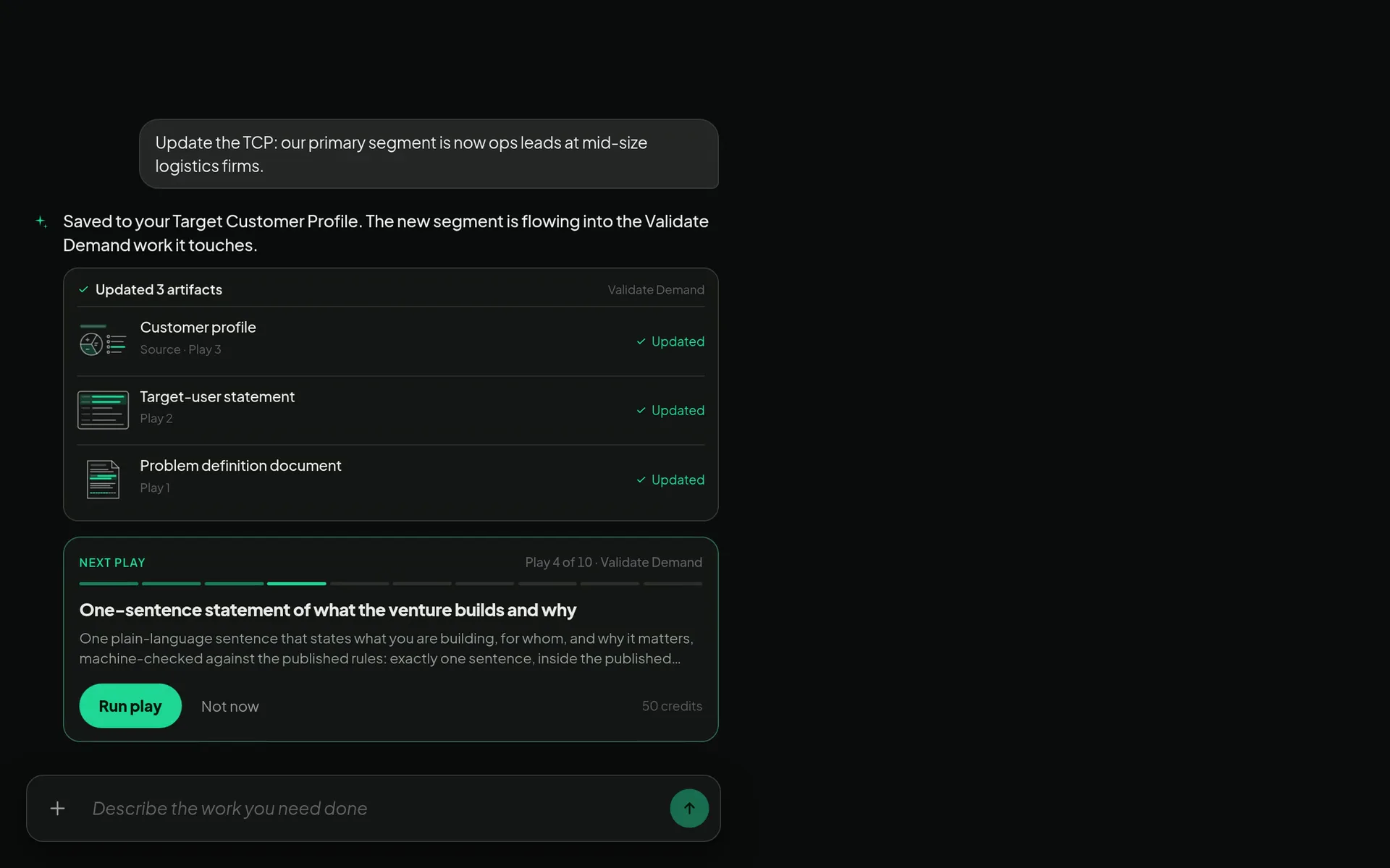 Updating a fact in STUD: three deliverables update, then STUD recommends the next move